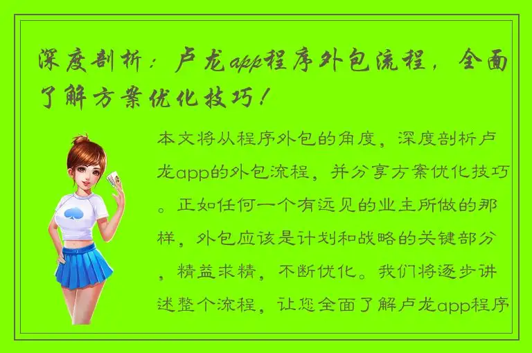 深度剖析：卢龙app程序外包流程，全面了解方案优化技巧！
