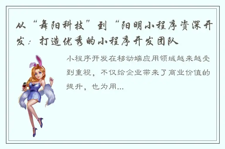从“舞阳科技”到“阳明小程序资深开发：打造优秀的小程序开发团队