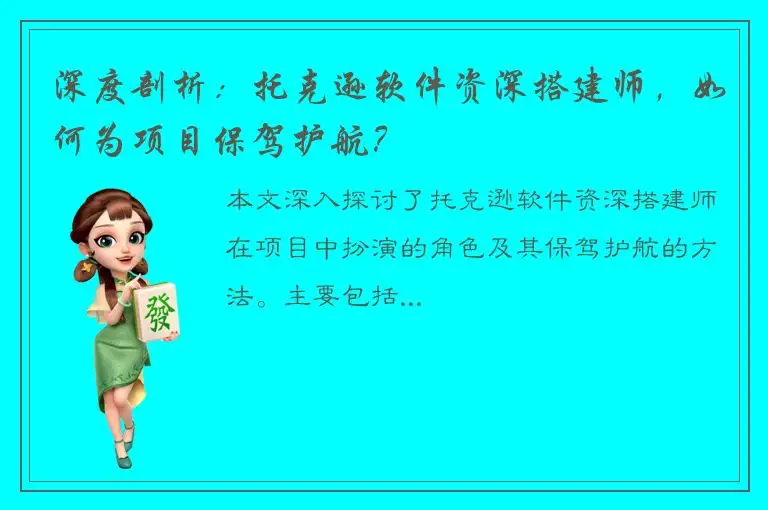深度剖析：托克逊软件资深搭建师，如何为项目保驾护航？