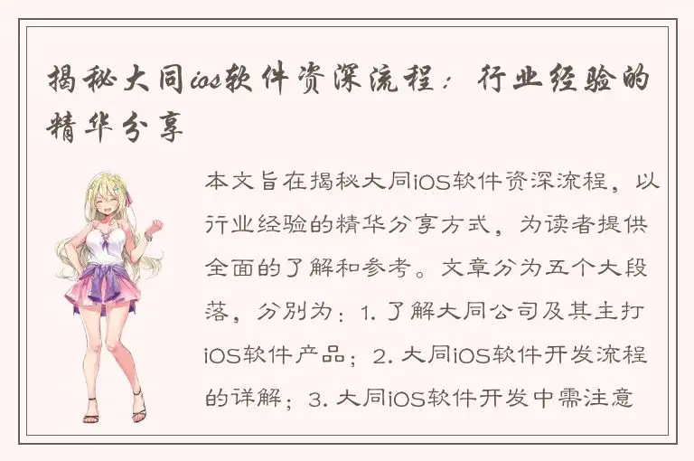 揭秘大同ios软件资深流程：行业经验的精华分享