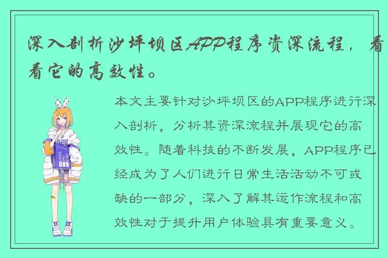 深入剖析沙坪坝区APP程序资深流程，看看它的高效性。