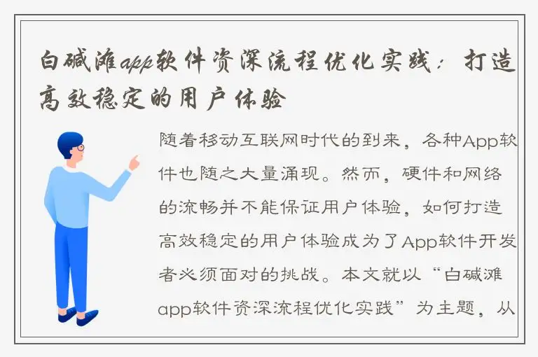 白碱滩app软件资深流程优化实践：打造高效稳定的用户体验