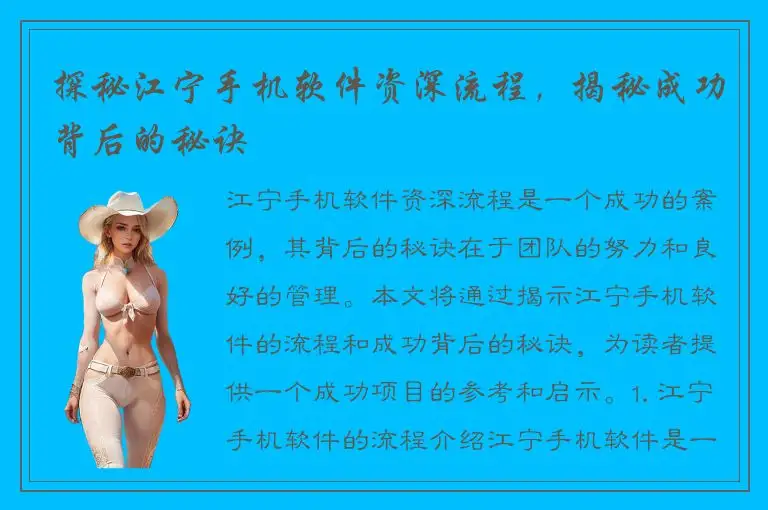 探秘江宁手机软件资深流程，揭秘成功背后的秘诀