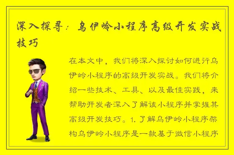 深入探寻：乌伊岭小程序高级开发实战技巧
