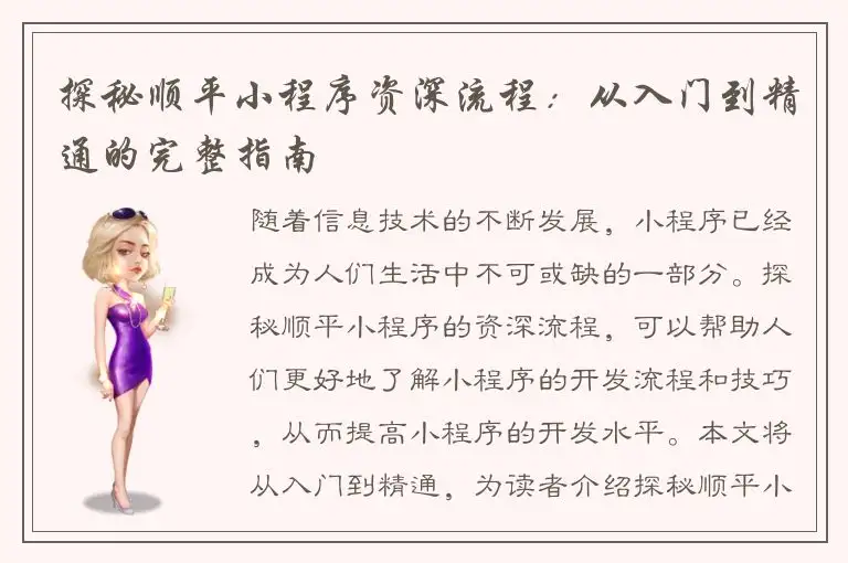 探秘顺平小程序资深流程：从入门到精通的完整指南