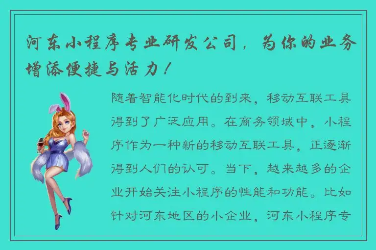 河东小程序专业研发公司，为你的业务增添便捷与活力！