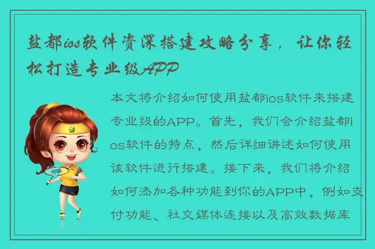 盐都ios软件资深搭建攻略分享，让你轻松打造专业级APP