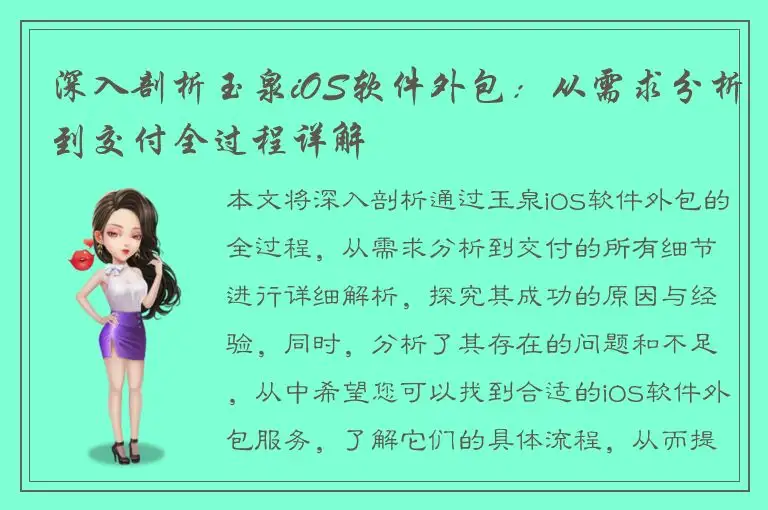 深入剖析玉泉iOS软件外包：从需求分析到交付全过程详解