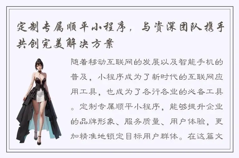 定制专属顺平小程序，与资深团队携手共创完美解决方案