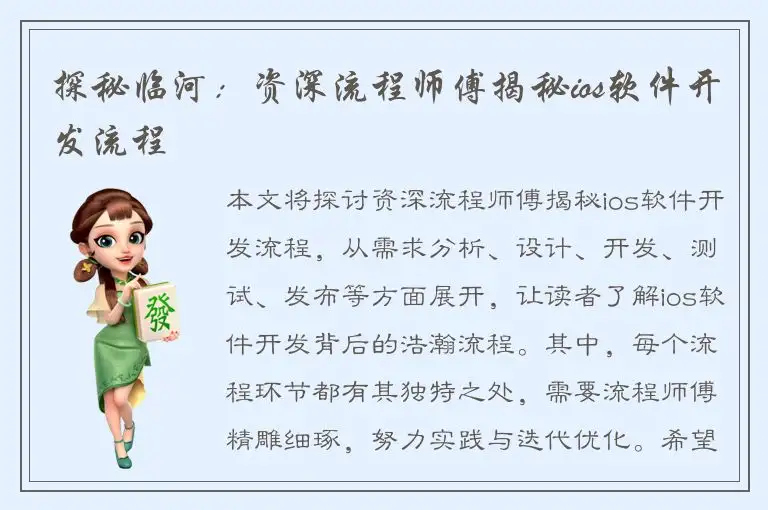 探秘临河：资深流程师傅揭秘ios软件开发流程