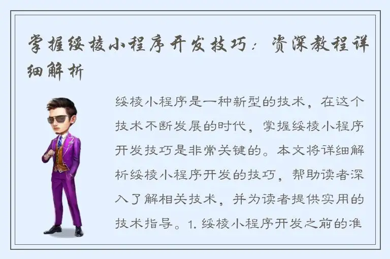掌握绥棱小程序开发技巧：资深教程详细解析