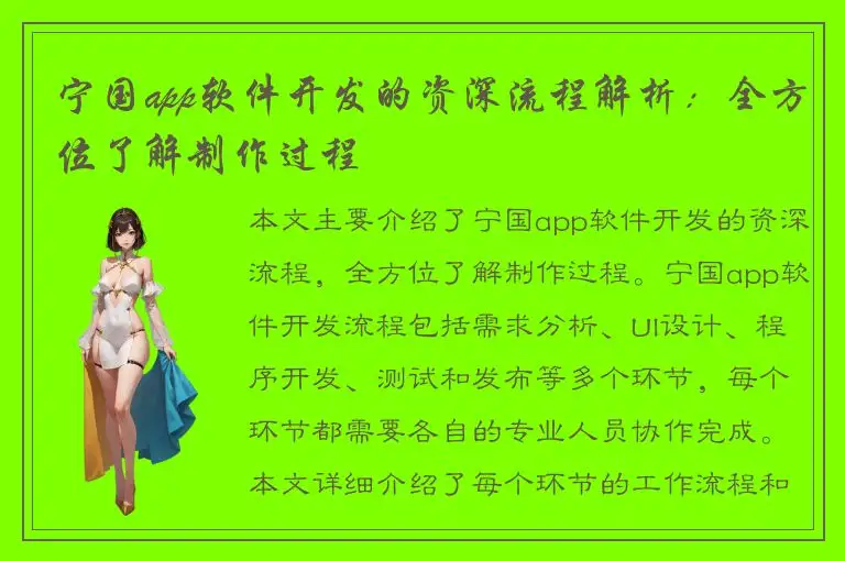 宁国app软件开发的资深流程解析：全方位了解制作过程