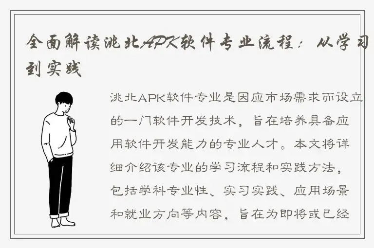全面解读洮北APK软件专业流程：从学习到实践