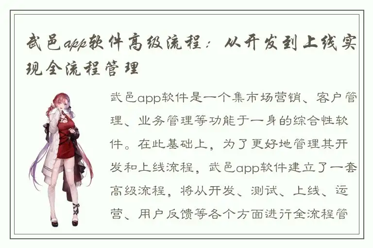 武邑app软件高级流程：从开发到上线实现全流程管理