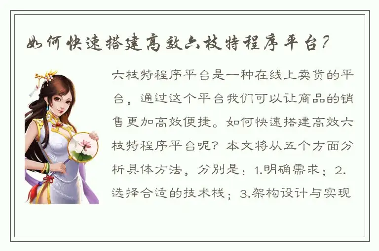 如何快速搭建高效六枝特程序平台？