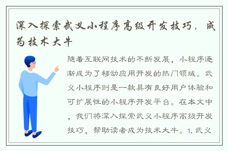 深入探索武义小程序高级开发技巧，成为技术大牛