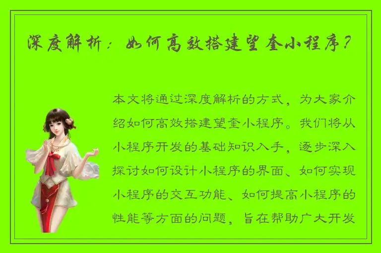 深度解析：如何高效搭建望奎小程序？