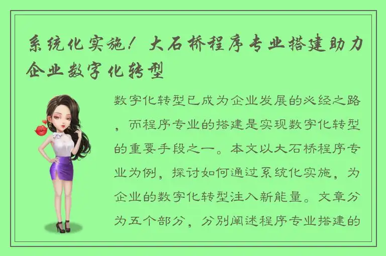 系统化实施！大石桥程序专业搭建助力企业数字化转型