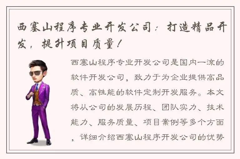 西塞山程序专业开发公司：打造精品开发，提升项目质量！