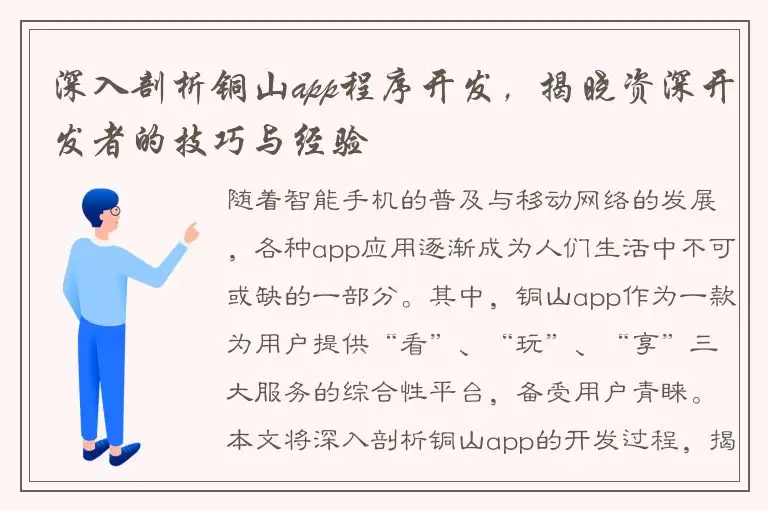 深入剖析铜山app程序开发，揭晓资深开发者的技巧与经验