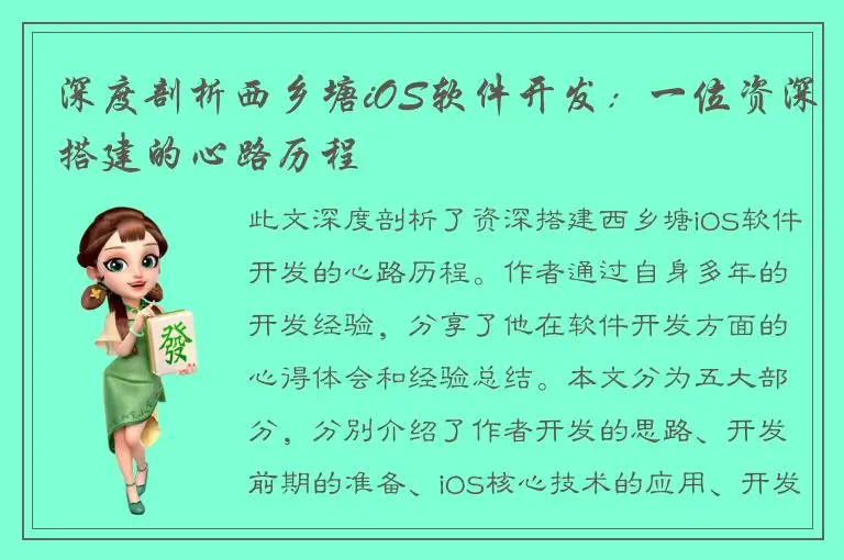 深度剖析西乡塘iOS软件开发：一位资深搭建的心路历程