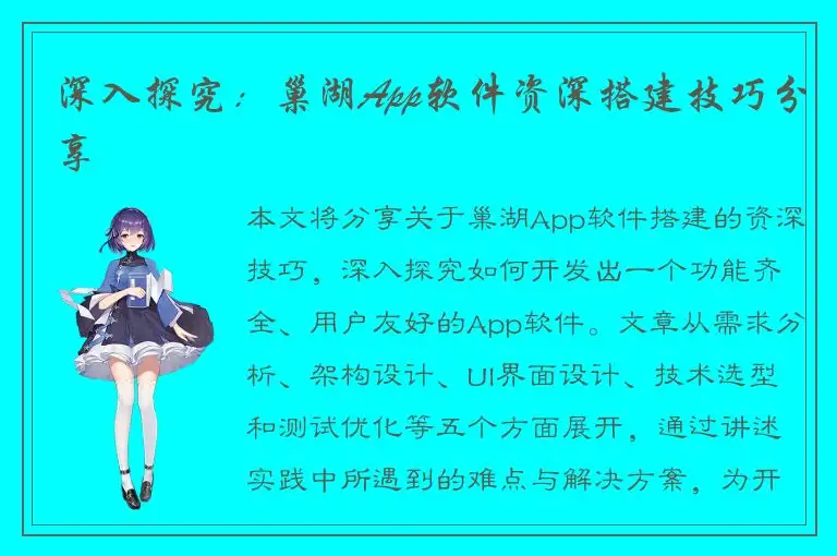 深入探究：巢湖App软件资深搭建技巧分享