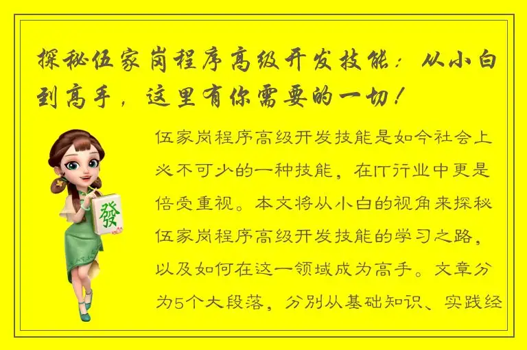 探秘伍家岗程序高级开发技能：从小白到高手，这里有你需要的一切！