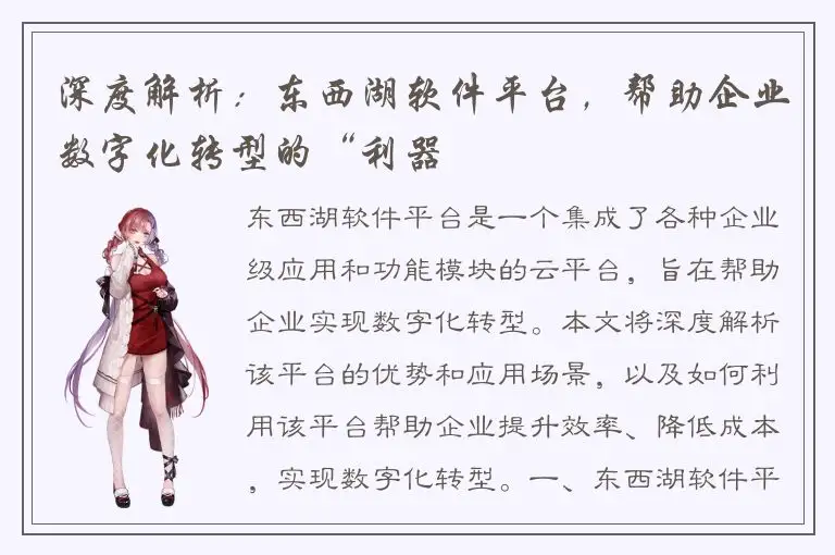 深度解析：东西湖软件平台，帮助企业数字化转型的“利器