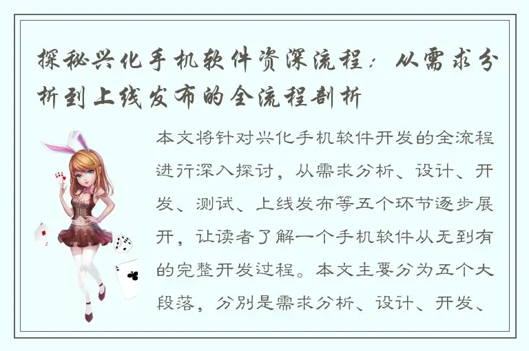 探秘兴化手机软件资深流程：从需求分析到上线发布的全流程剖析