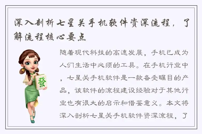 深入剖析七星关手机软件资深流程，了解流程核心要点