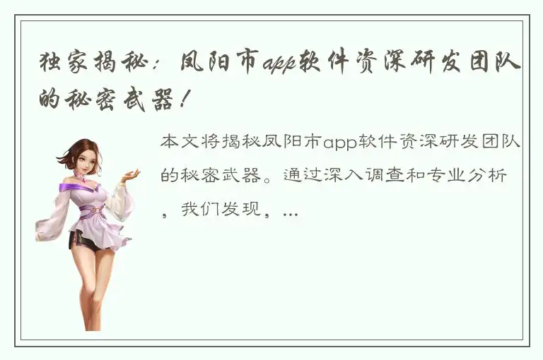 独家揭秘：凤阳市app软件资深研发团队的秘密武器！