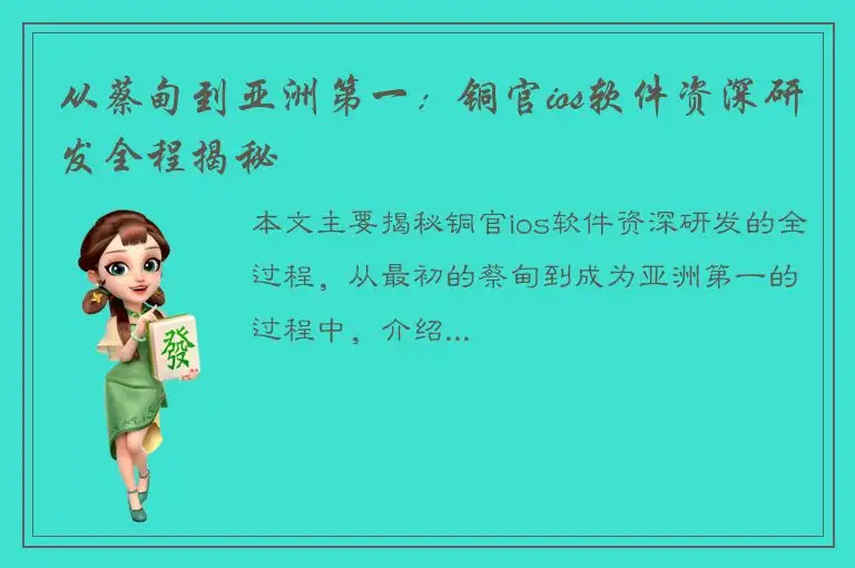 从蔡甸到亚洲第一：铜官ios软件资深研发全程揭秘