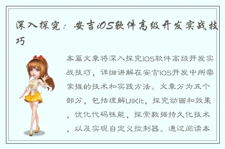 深入探究：安吉iOS软件高级开发实战技巧