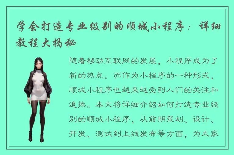 学会打造专业级别的顺城小程序：详细教程大揭秘