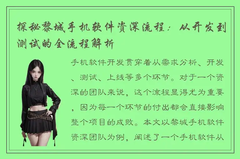 探秘黎城手机软件资深流程：从开发到测试的全流程解析