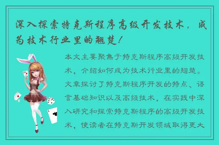 深入探索特克斯程序高级开发技术，成为技术行业里的翘楚！