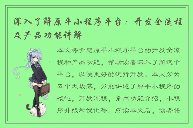 深入了解原平小程序平台：开发全流程及产品功能讲解