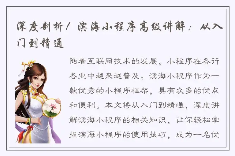 深度剖析！滨海小程序高级讲解：从入门到精通