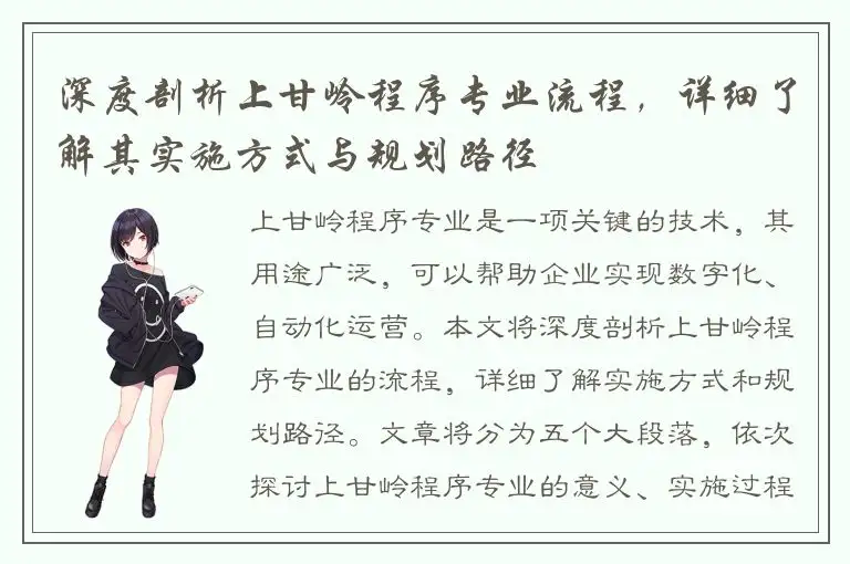 深度剖析上甘岭程序专业流程，详细了解其实施方式与规划路径