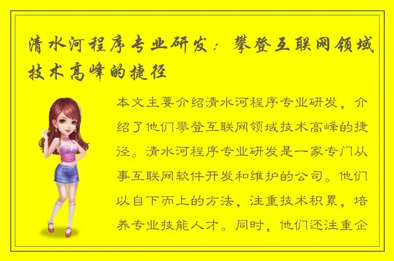 清水河程序专业研发：攀登互联网领域技术高峰的捷径