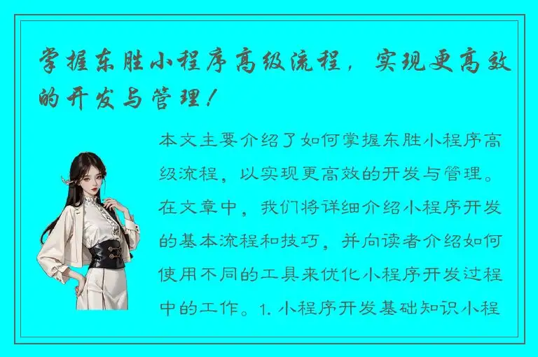 掌握东胜小程序高级流程，实现更高效的开发与管理！