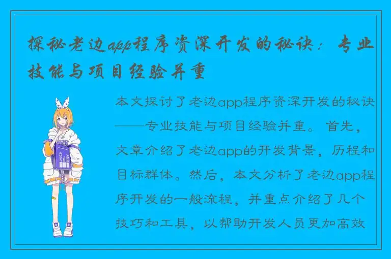 探秘老边app程序资深开发的秘诀：专业技能与项目经验并重