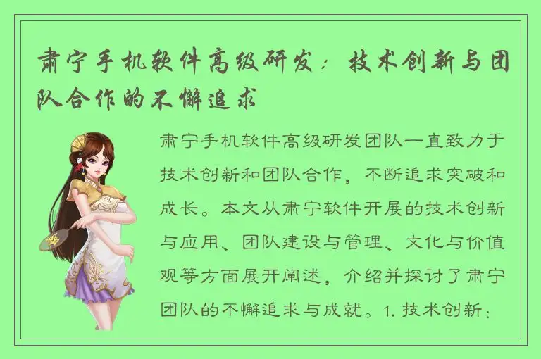 肃宁手机软件高级研发：技术创新与团队合作的不懈追求