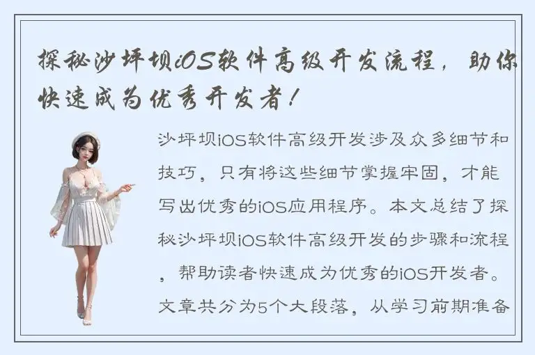 探秘沙坪坝iOS软件高级开发流程，助你快速成为优秀开发者！