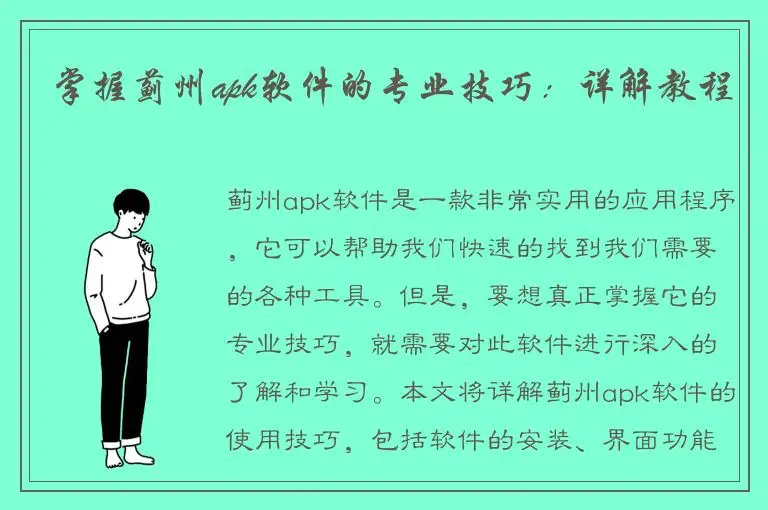 掌握蓟州apk软件的专业技巧：详解教程
