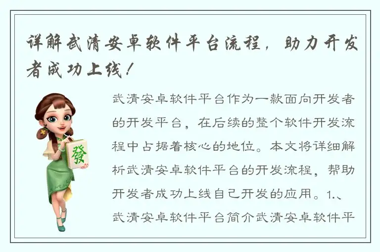 详解武清安卓软件平台流程，助力开发者成功上线！