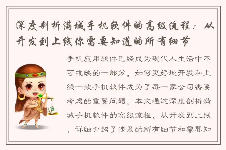 深度剖析满城手机软件的高级流程：从开发到上线你需要知道的所有细节