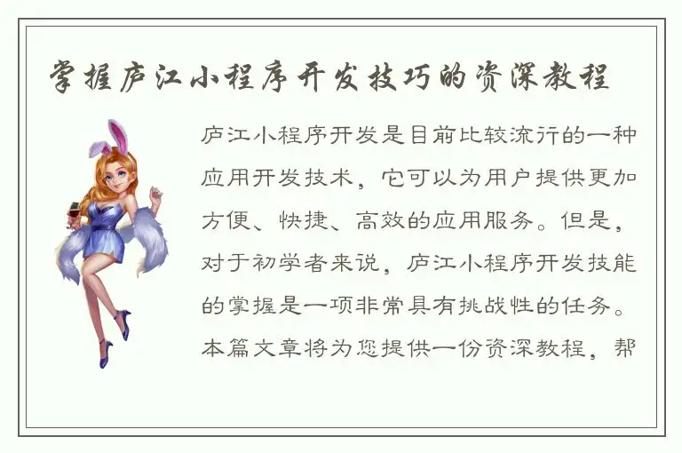 掌握庐江小程序开发技巧的资深教程