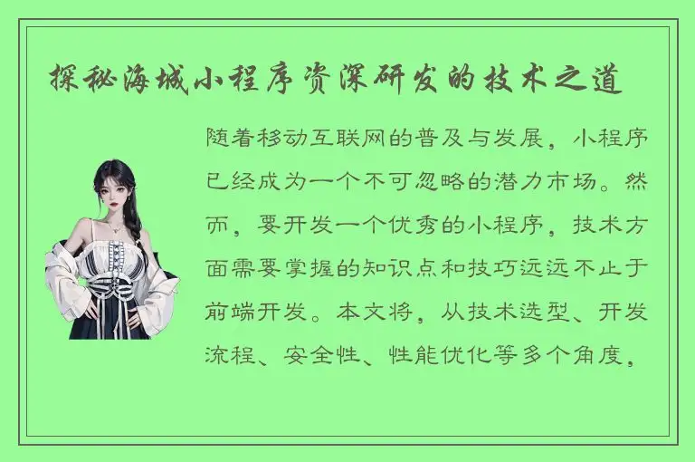 探秘海城小程序资深研发的技术之道