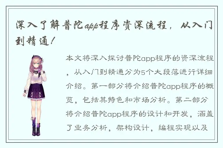 深入了解普陀app程序资深流程，从入门到精通！